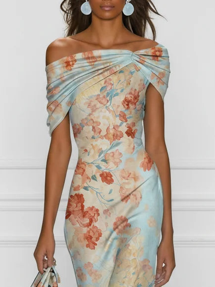 Vittoria - Robe Midi Sirène Sans Manches, Épaules Dénudées et Motif Floral Bleu