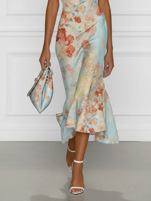 Vittoria - Robe Midi Sirène Sans Manches, Épaules Dénudées et Motif Floral Bleu