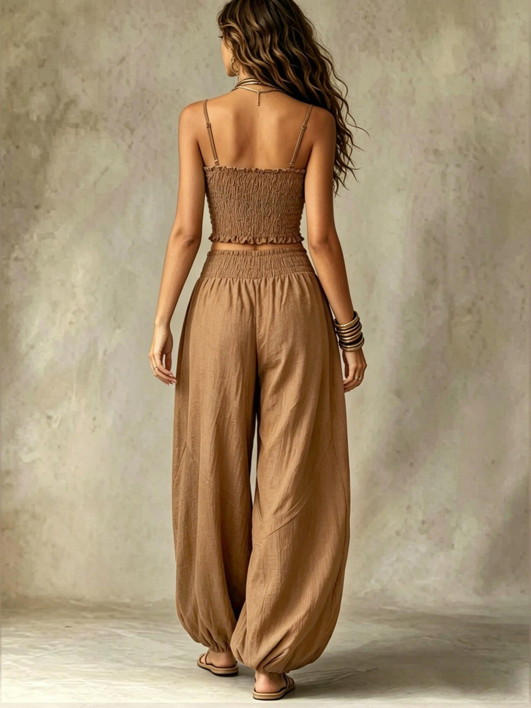 Ensemble Deux Pièces Crop Top Smocké et Pantalon Large