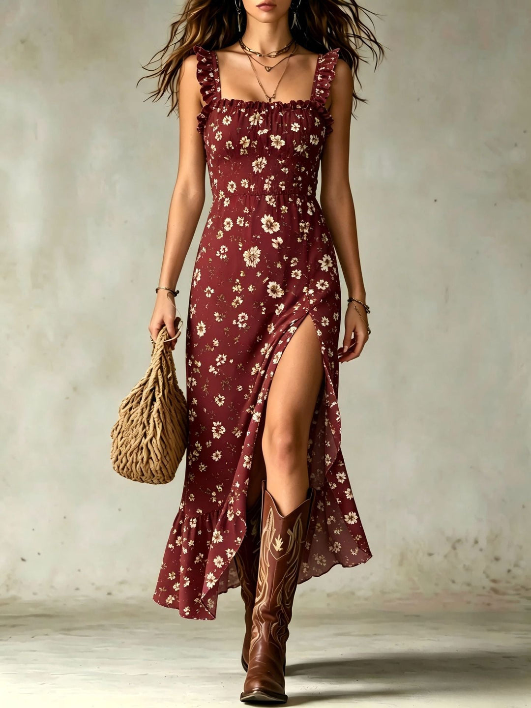 Robe Maxi Froncée Fleurie à Volants et Fente