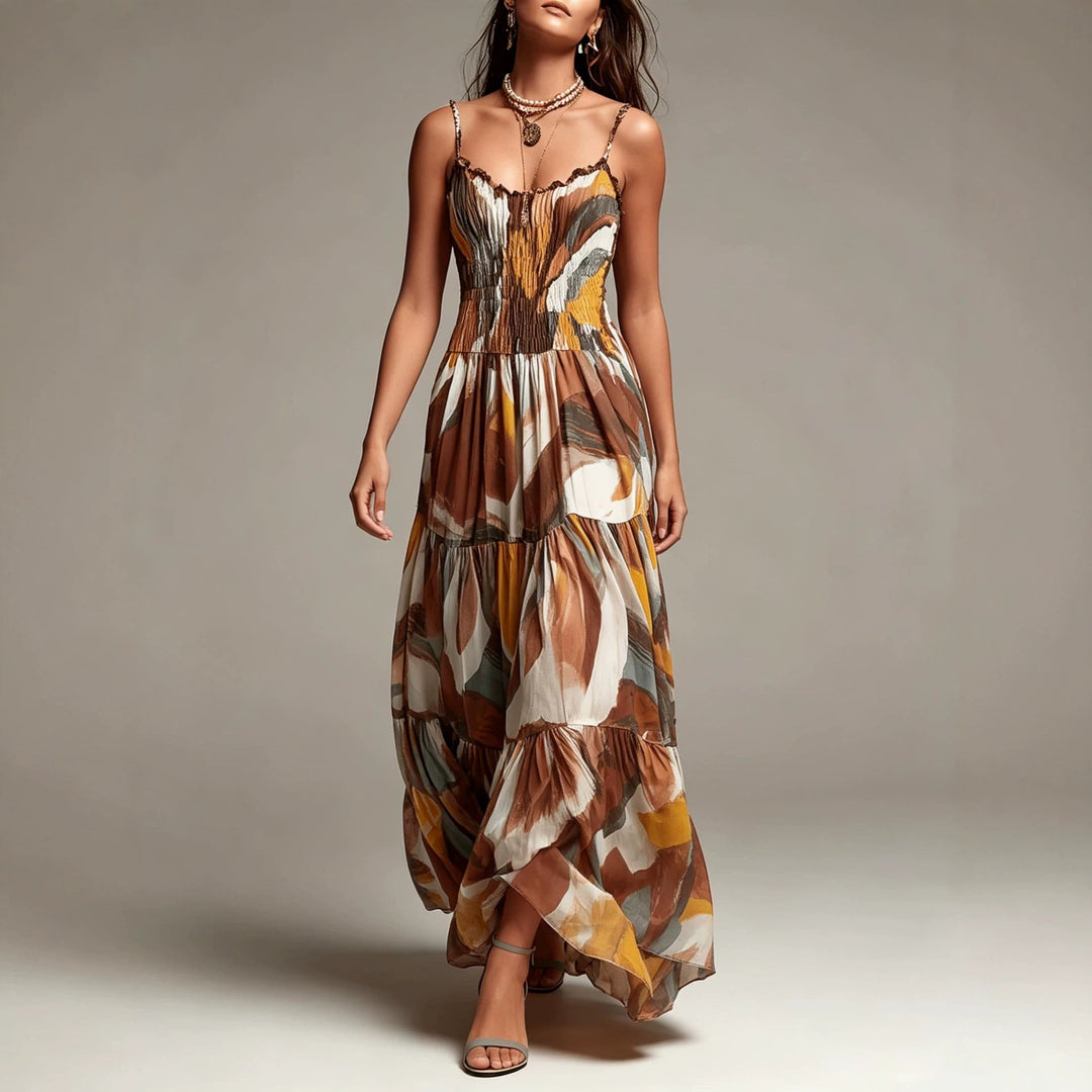 Robe Maxi à Volants Étagés et Imprimé Abstrait