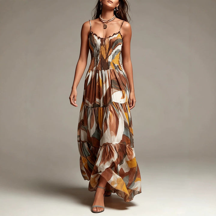 Robe Maxi à Volants Étagés et Imprimé Abstrait