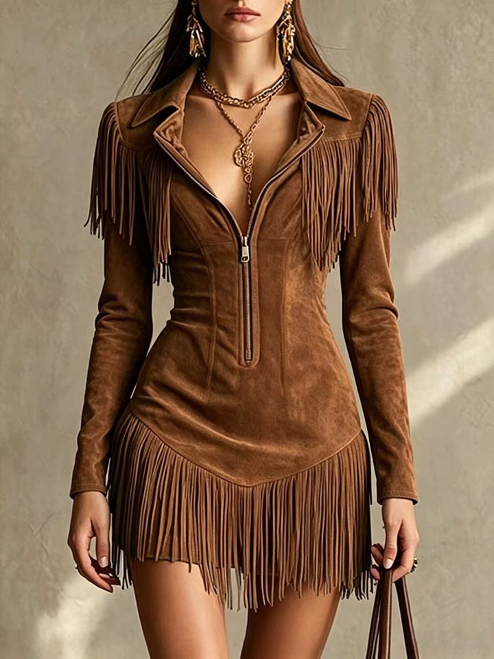 Josephine | Robe Courte Style Western Manches Longues en Suédine à Franges, Rétro Américain