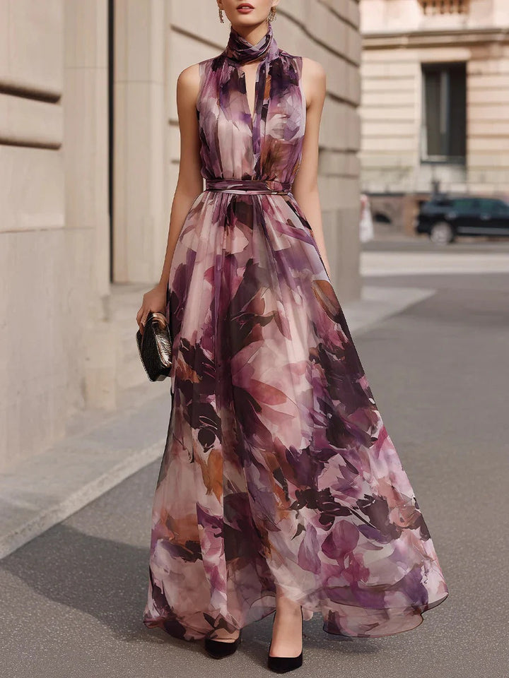 Robe Longue Fleurie Ceinturée à Col Noué