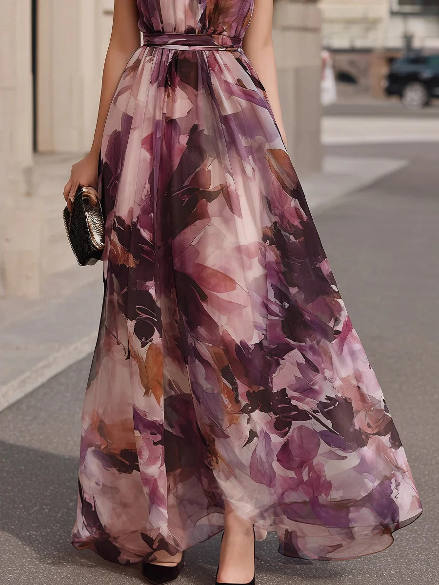 Robe Longue Fleurie Ceinturée à Col Noué