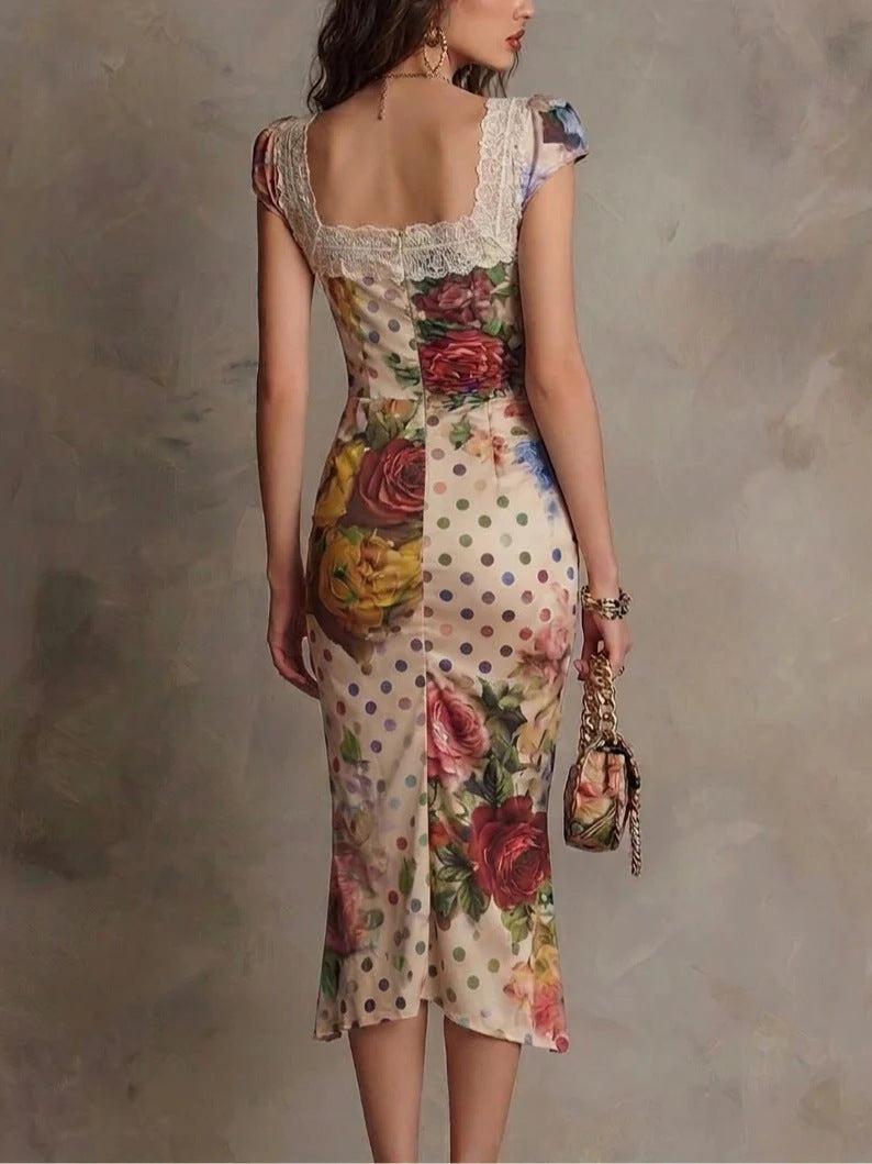 Robe Midi Bodycon Froncée à Imprimé Mixte et Bordure en Dentelle