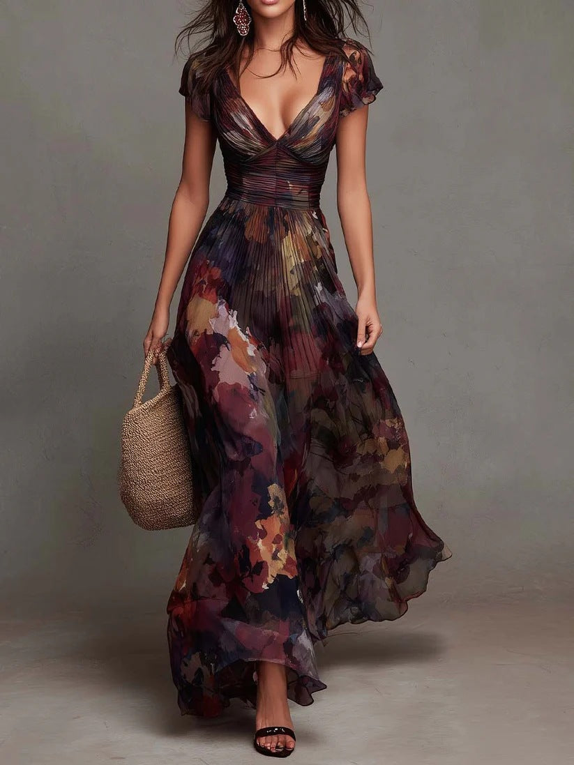 Robe Maxi Plissée à Col en V et Imprimé Floral Aquarelle