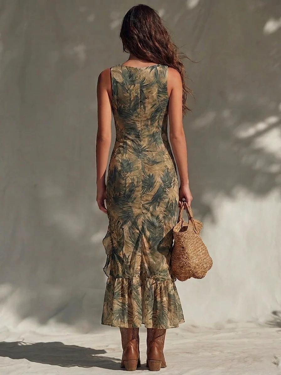 Robe Maxi Froncée à Volants, Fente et Imprimé Palmiers
