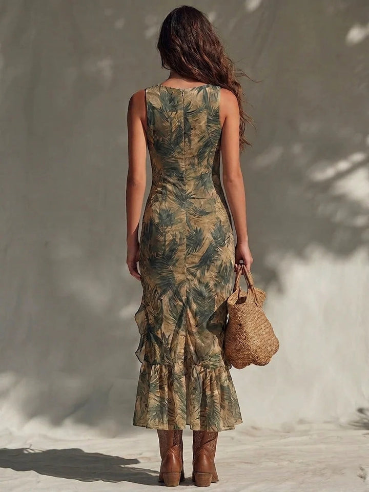 Robe Maxi Froncée à Volants, Fente et Imprimé Palmiers