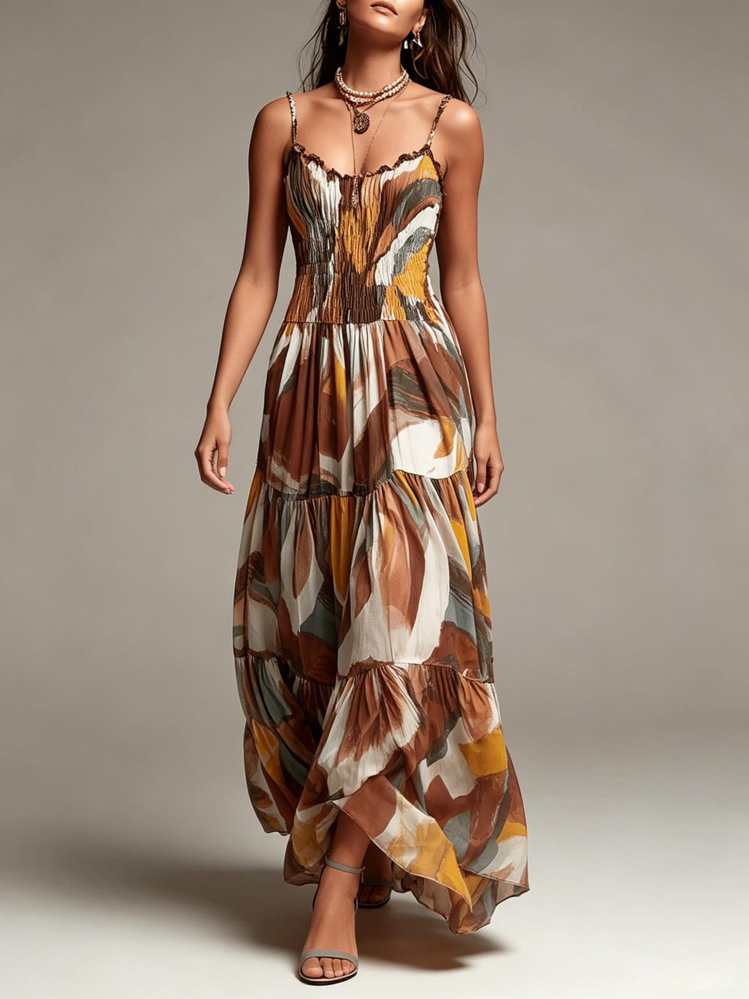Robe Maxi à Volants Étagés et Imprimé Abstrait