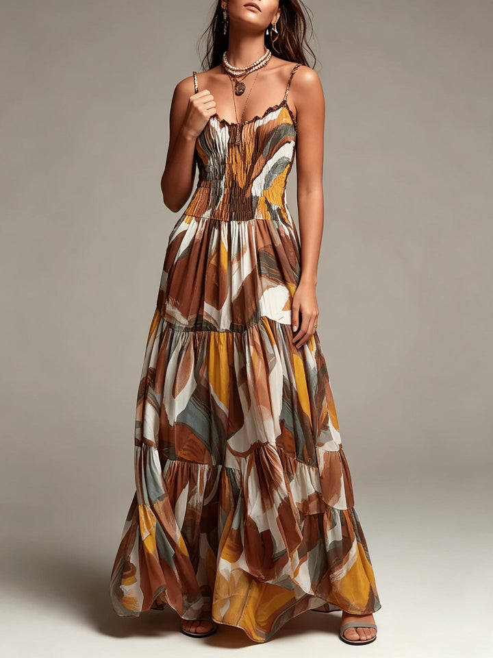 Robe Maxi à Volants Étagés et Imprimé Abstrait