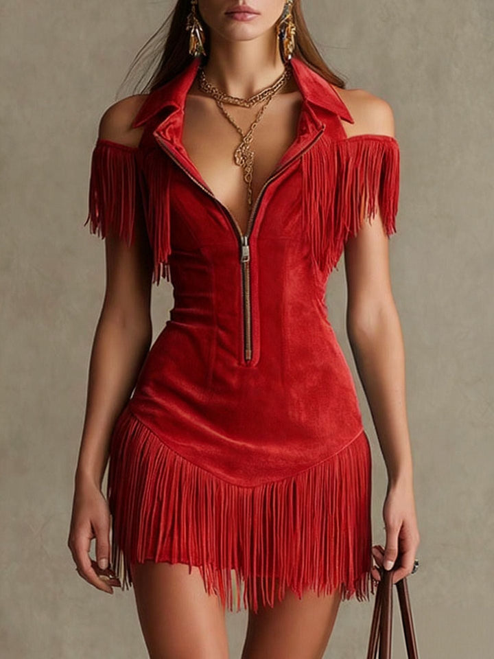 Julia | Robe Western Épaules Dénudées en Suédine à Franges, Rétro Américain