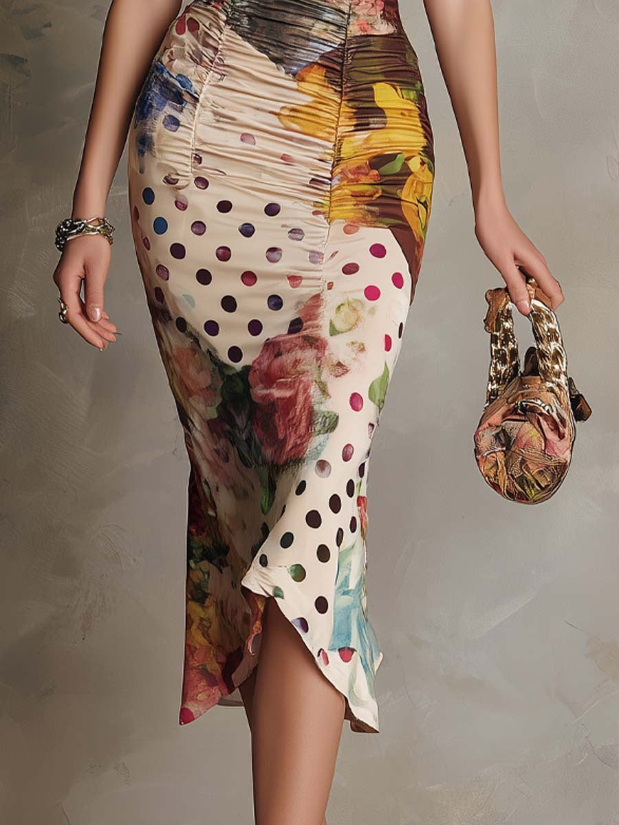 Robe Midi Bodycon Froncée à Imprimé Mixte et Bordure en Dentelle