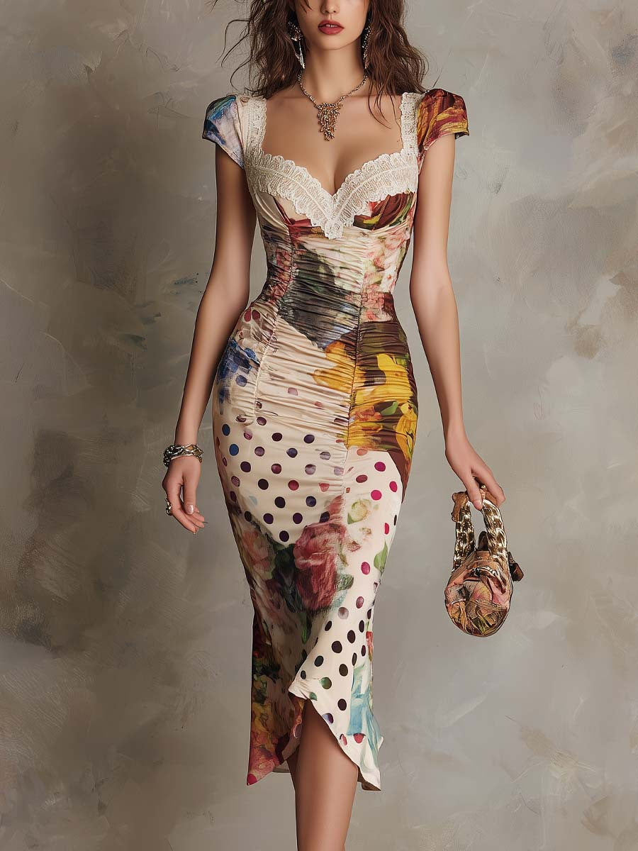 Robe Midi Bodycon Froncée à Imprimé Mixte et Bordure en Dentelle
