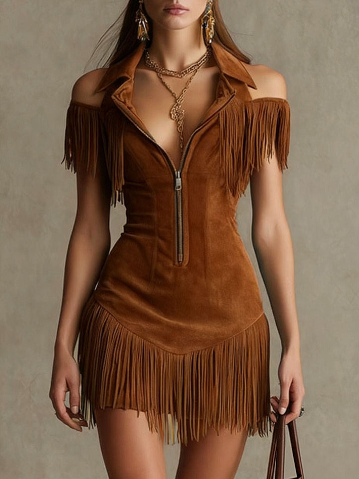 Julia | Robe Western Épaules Dénudées en Suédine à Franges, Rétro Américain