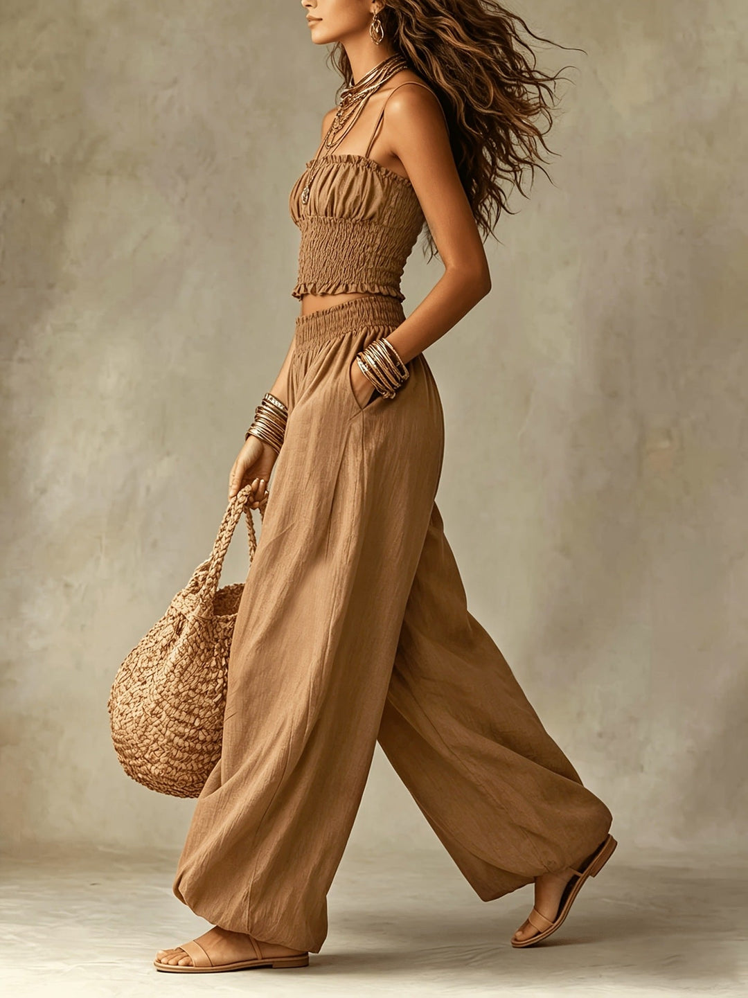 Ensemble Deux Pièces Crop Top Smocké et Pantalon Large