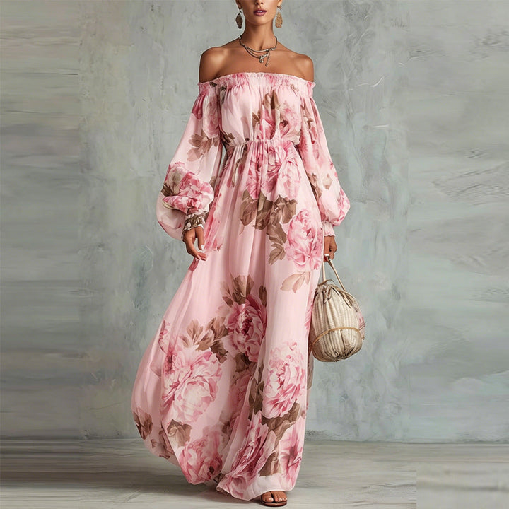 Payton | Robe Longue Fleurie Épaules Dénudées, Manches Longues