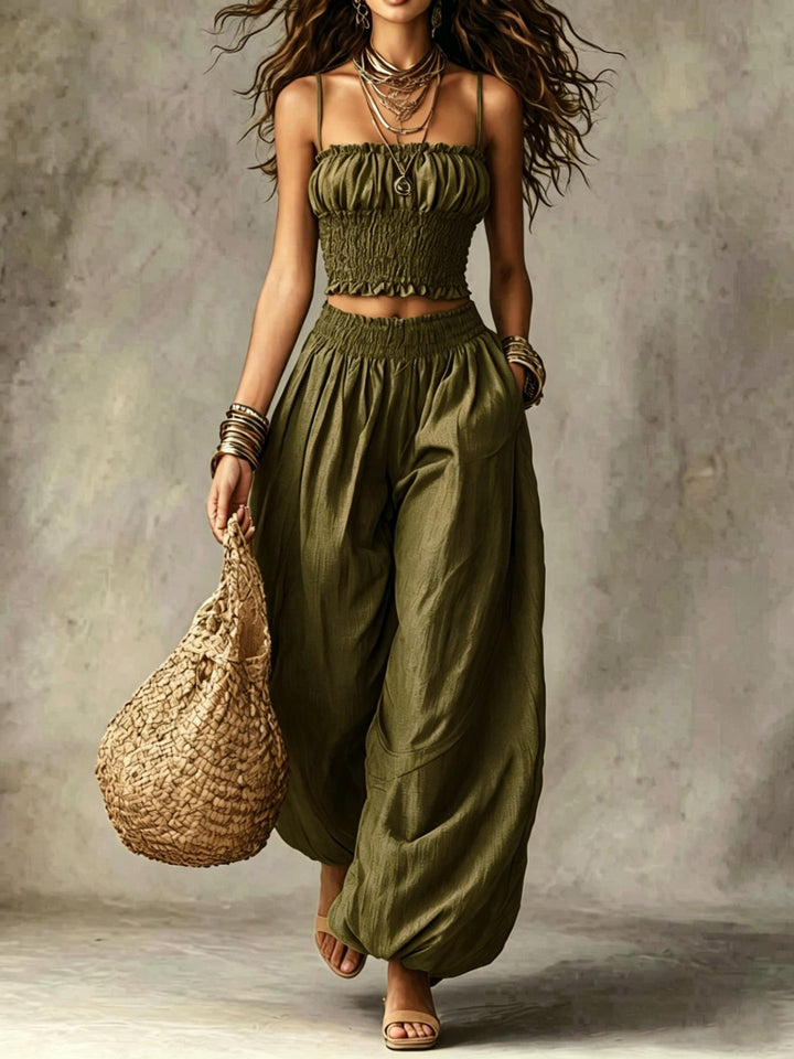 Ensemble Deux Pièces Crop Top Smocké et Pantalon Large