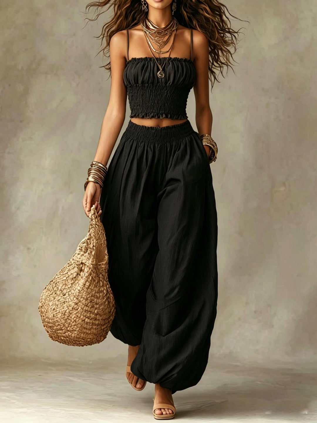 Ensemble Deux Pièces Crop Top Smocké et Pantalon Large