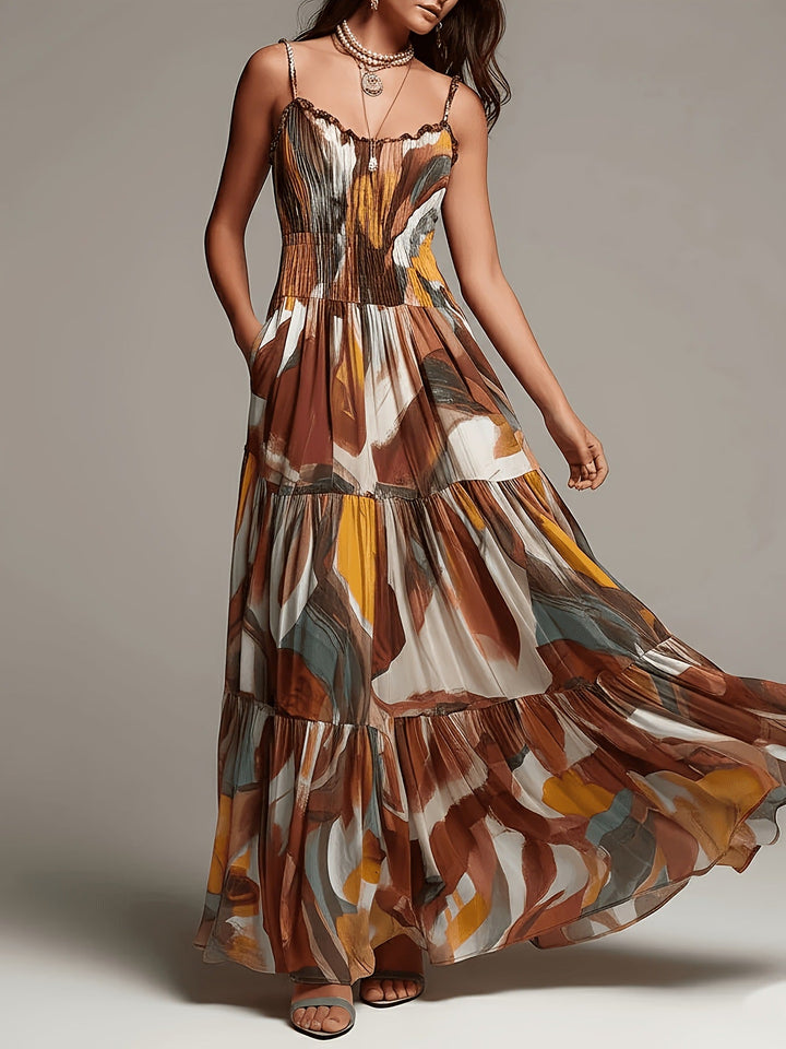 Robe Maxi à Volants Étagés et Imprimé Abstrait