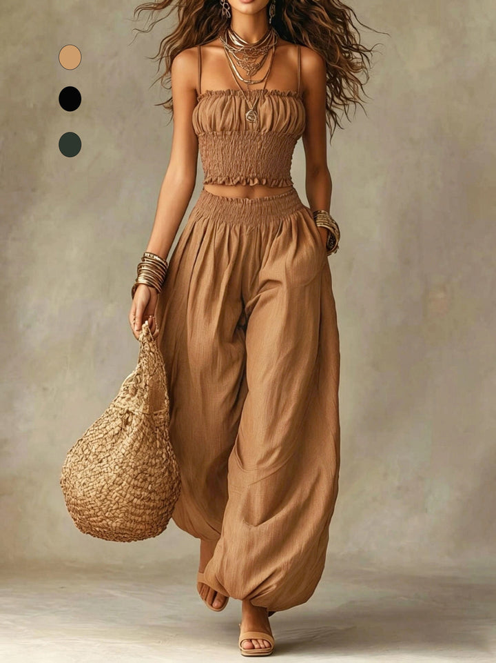 Ensemble Deux Pièces Crop Top Smocké et Pantalon Large
