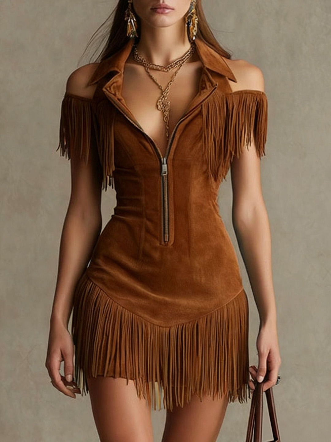 Julia | Robe Western Épaules Dénudées en Suédine à Franges, Rétro Américain