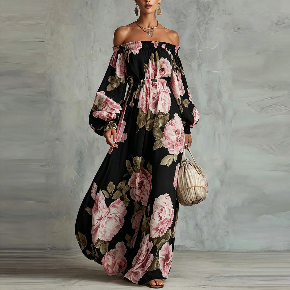 Payton | Robe Longue Fleurie Épaules Dénudées, Manches Longues