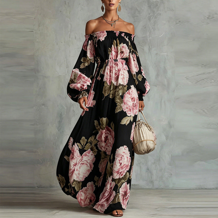 Payton | Robe Longue Fleurie Épaules Dénudées, Manches Longues