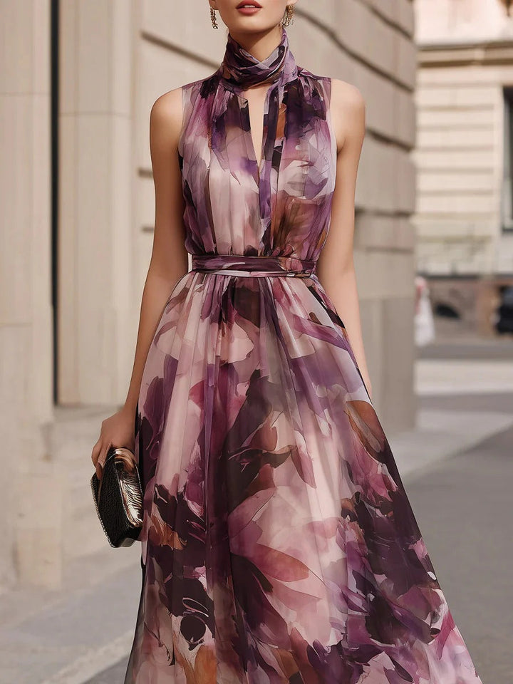 Robe Longue Fleurie Ceinturée à Col Noué
