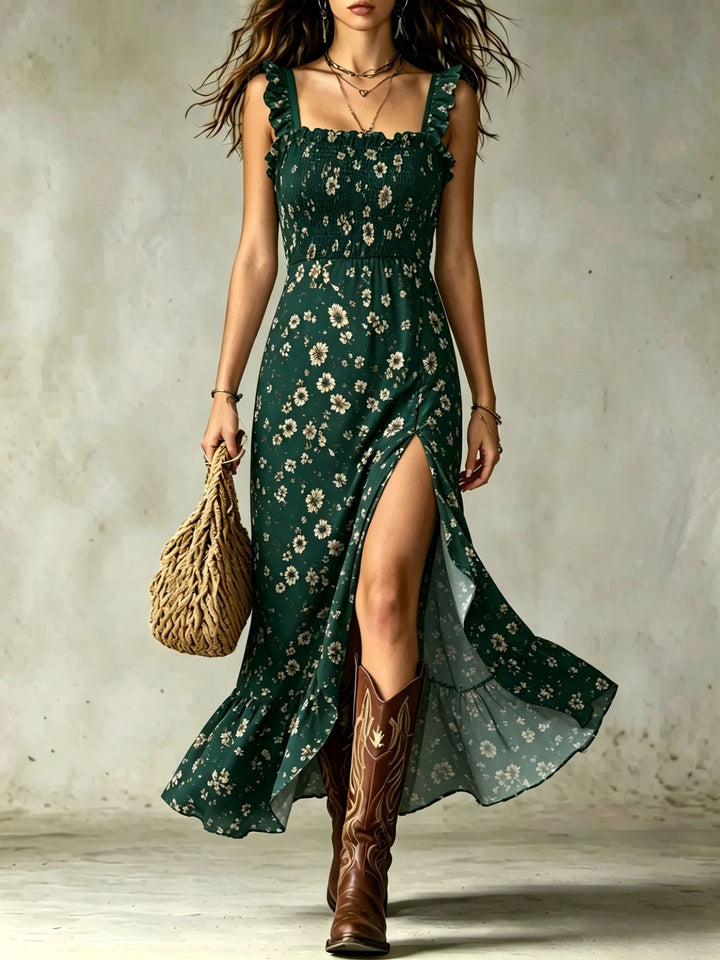 Robe Maxi Froncée Fleurie à Volants et Fente