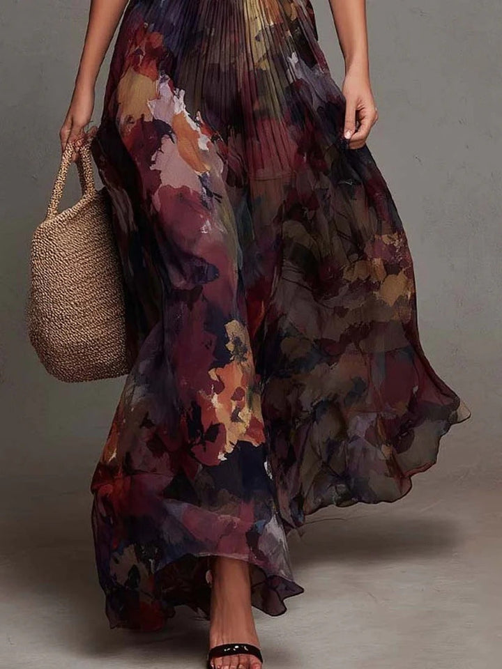 Robe Maxi Plissée à Col en V et Imprimé Floral Aquarelle