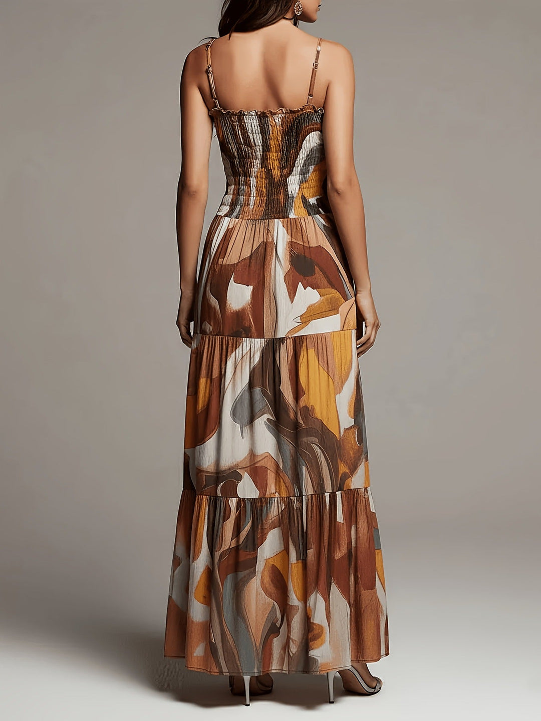 Robe Maxi à Volants Étagés et Imprimé Abstrait