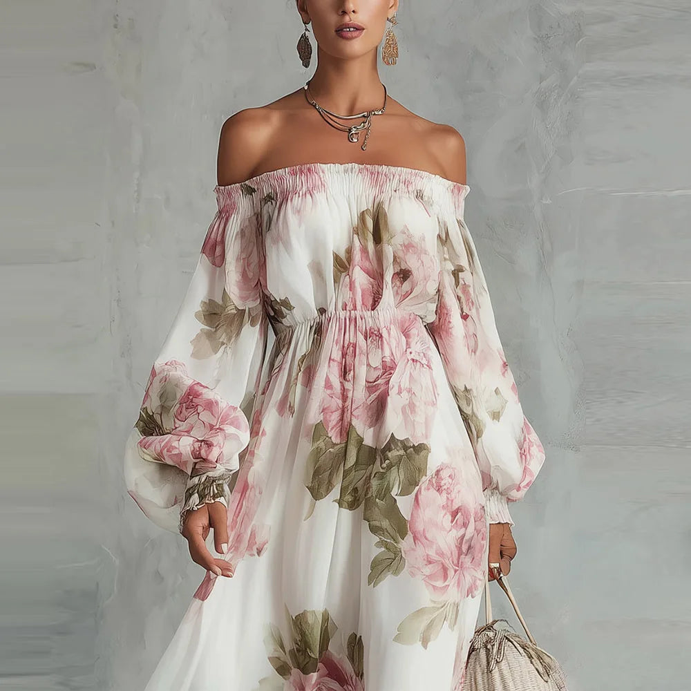 Payton | Robe Longue Fleurie Épaules Dénudées, Manches Longues