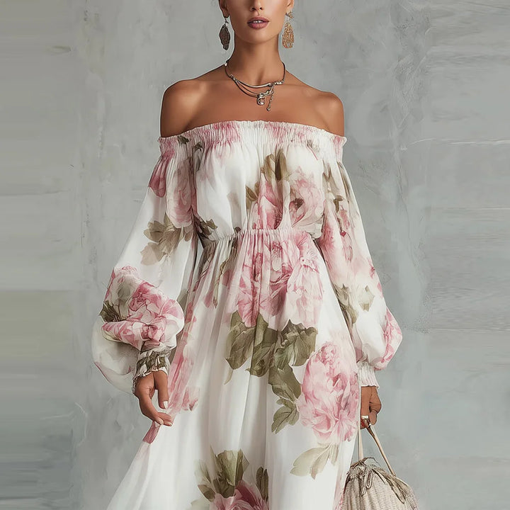 Payton | Robe Longue Fleurie Épaules Dénudées, Manches Longues