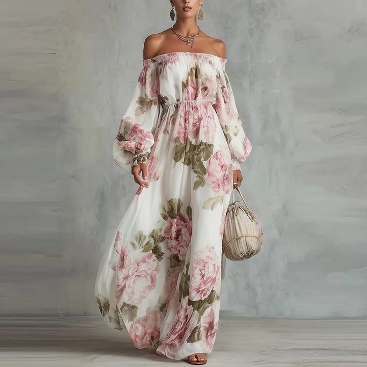 Payton | Robe Longue Fleurie Épaules Dénudées, Manches Longues