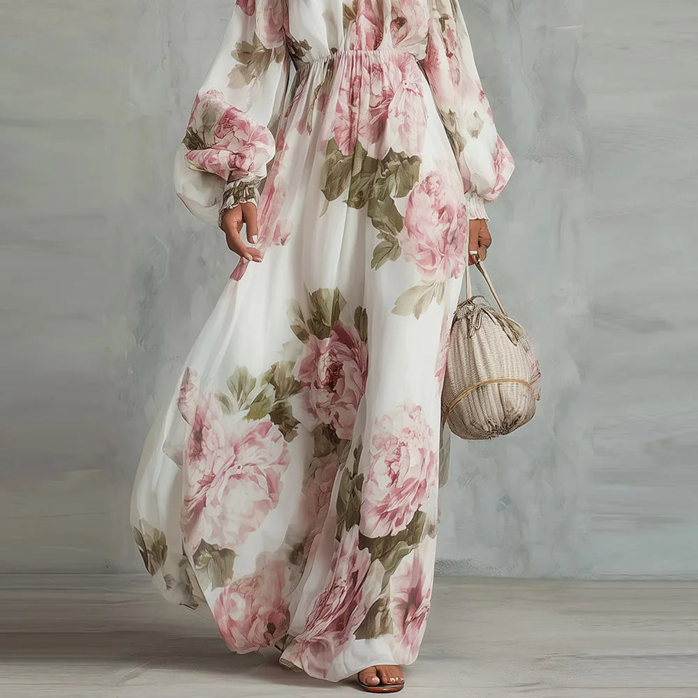 Payton | Robe Longue Fleurie Épaules Dénudées, Manches Longues