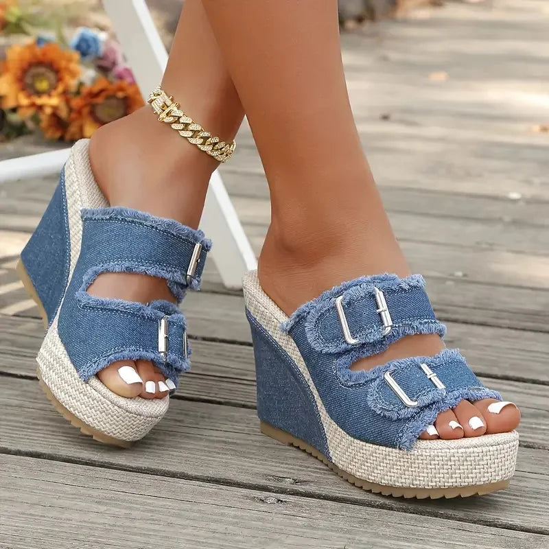 Elara Sandales Compensées en Denim