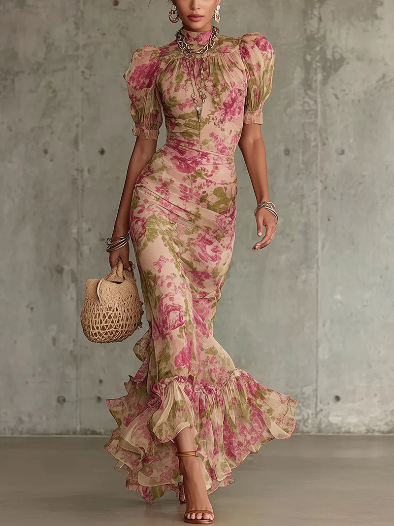 Robe Longue Imprimée Roses Vintage à Manches Bouffantes (Accessoires non inclus)