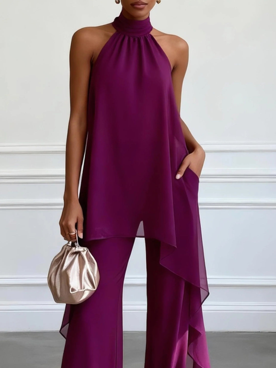 Ensemble Deux Pièces Élégant Violet, Haut Licou Sans Manches et Pantalon