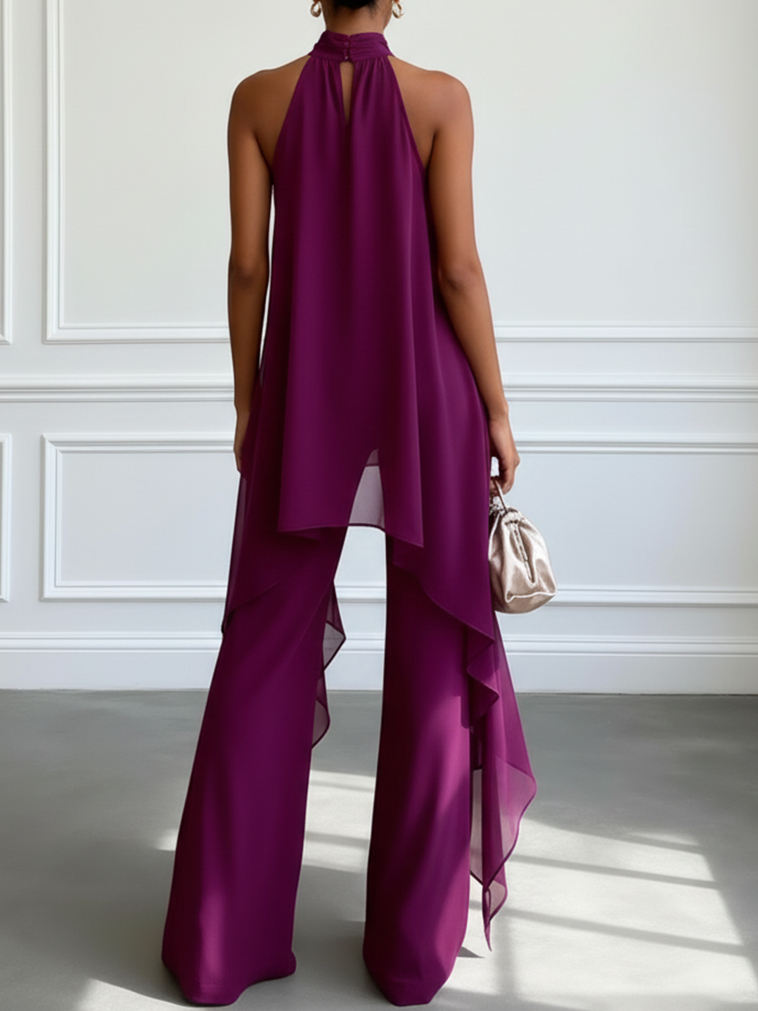 Ensemble Deux Pièces Élégant Violet, Haut Licou Sans Manches et Pantalon