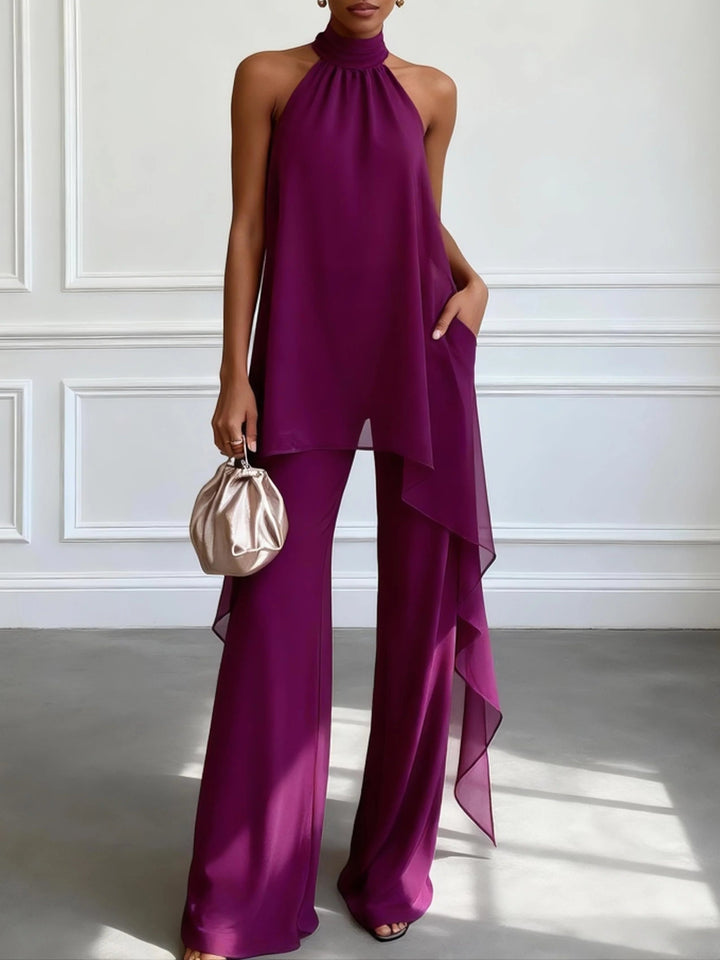 Ensemble Deux Pièces Élégant Violet, Haut Licou Sans Manches et Pantalon