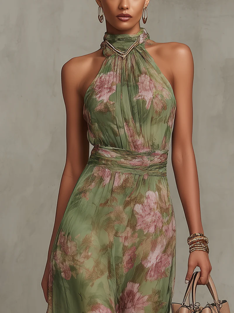 Serena — Robe Maxi Élégante en Chiffon Fleuri à Col Halter