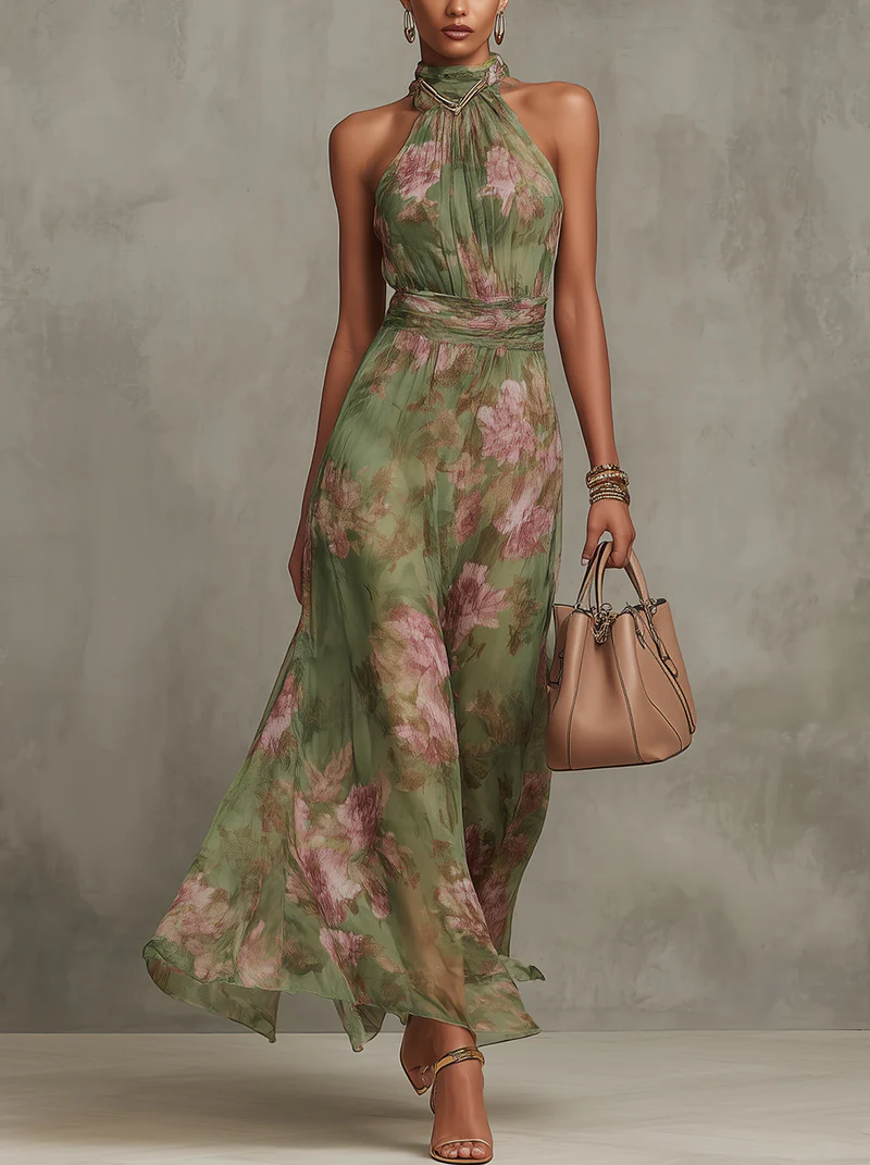 Serena — Robe Maxi Élégante en Chiffon Fleuri à Col Halter