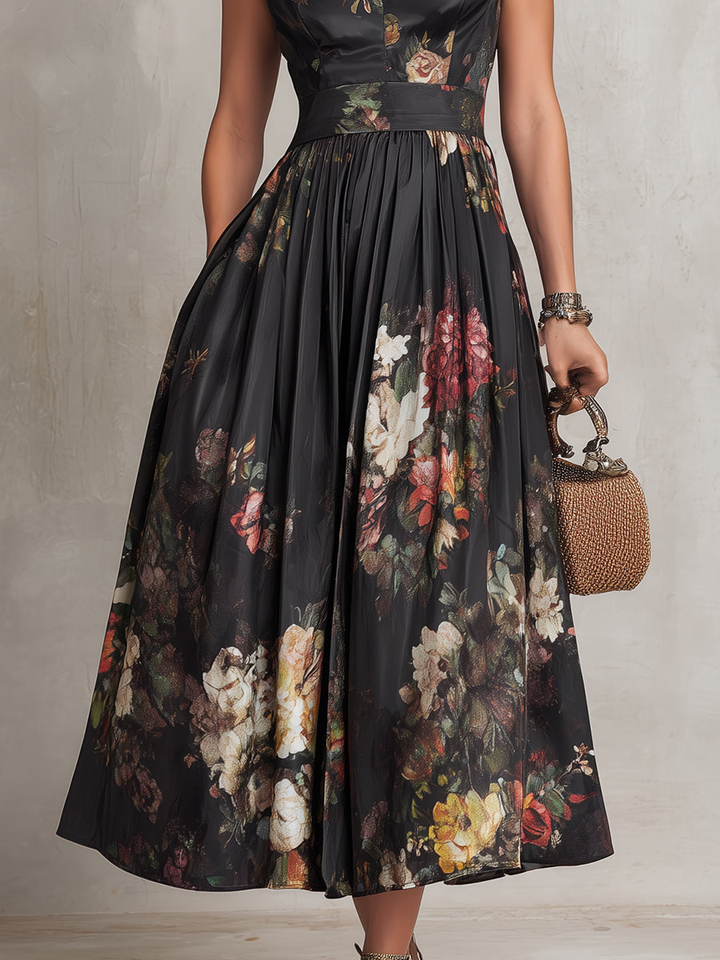 Robe Mi-Longue en Satin Plissé Noire à Fleurs, Col Cœur Ajouré