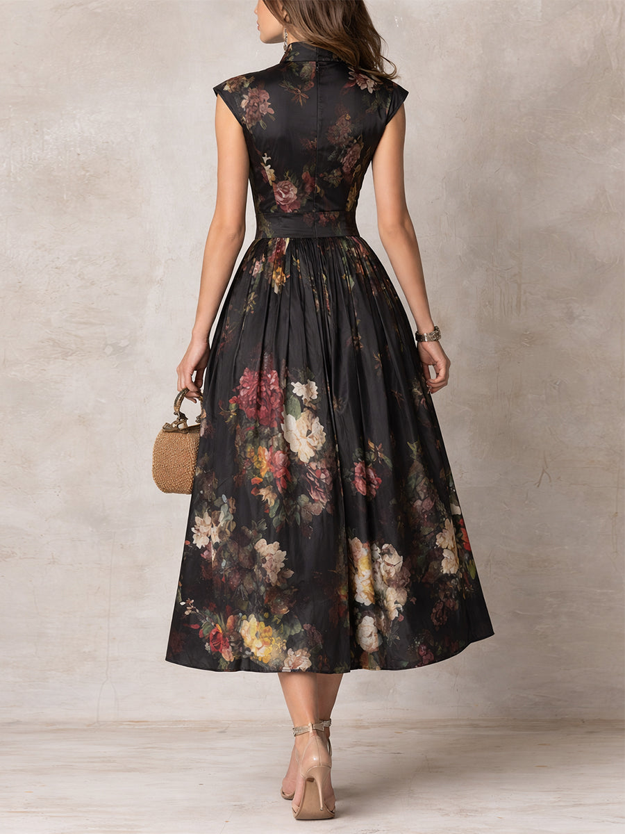 Robe Mi-Longue en Satin Plissé Noire à Fleurs, Col Cœur Ajouré