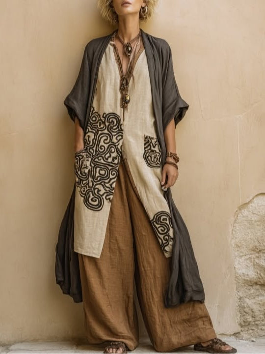 Giulia - Ensemble Bohème Nomade Trois Pièces Gris Foncé et Marron à Motif Tribal