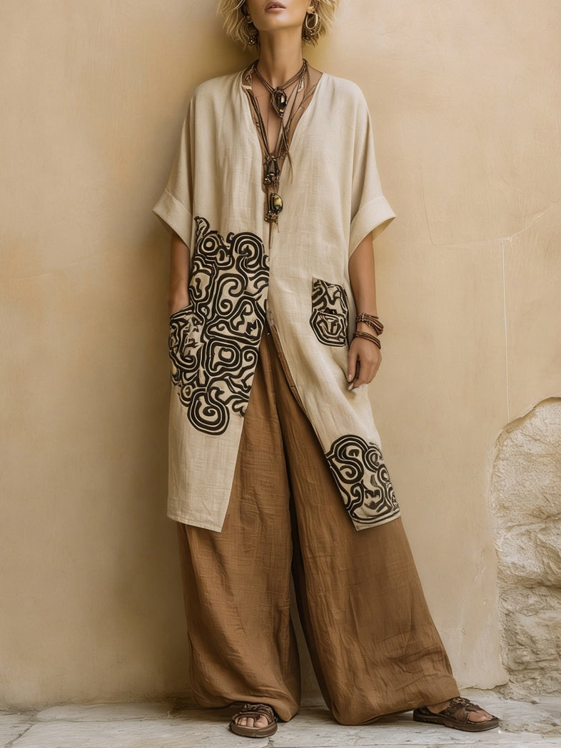 Giulia - Ensemble Bohème Nomade Trois Pièces Gris Foncé et Marron à Motif Tribal