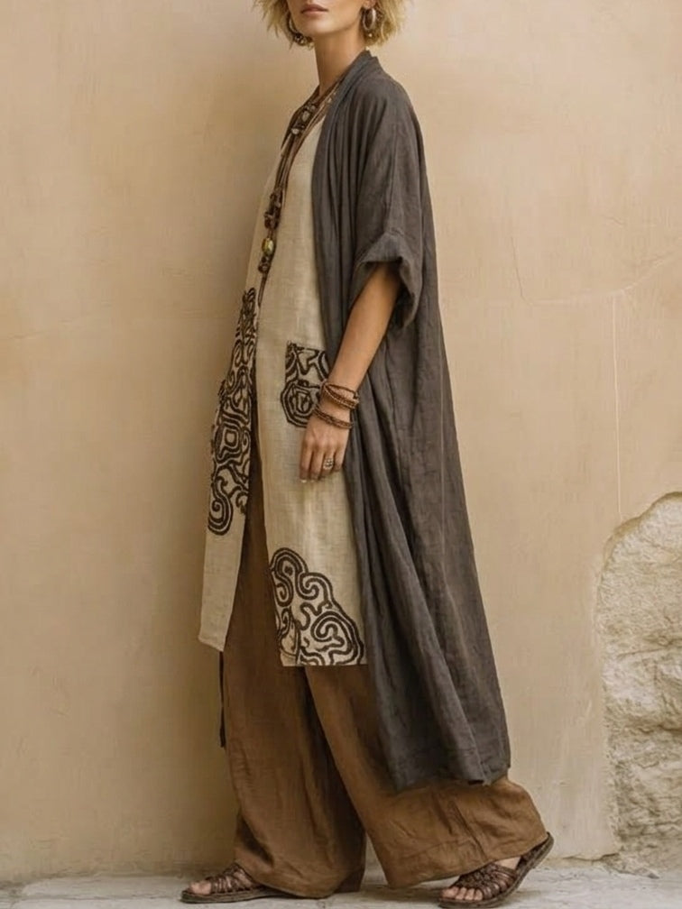 Giulia - Ensemble Bohème Nomade Trois Pièces Gris Foncé et Marron à Motif Tribal