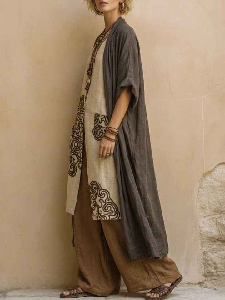Giulia - Ensemble Bohème Nomade Trois Pièces Gris Foncé et Marron à Motif Tribal