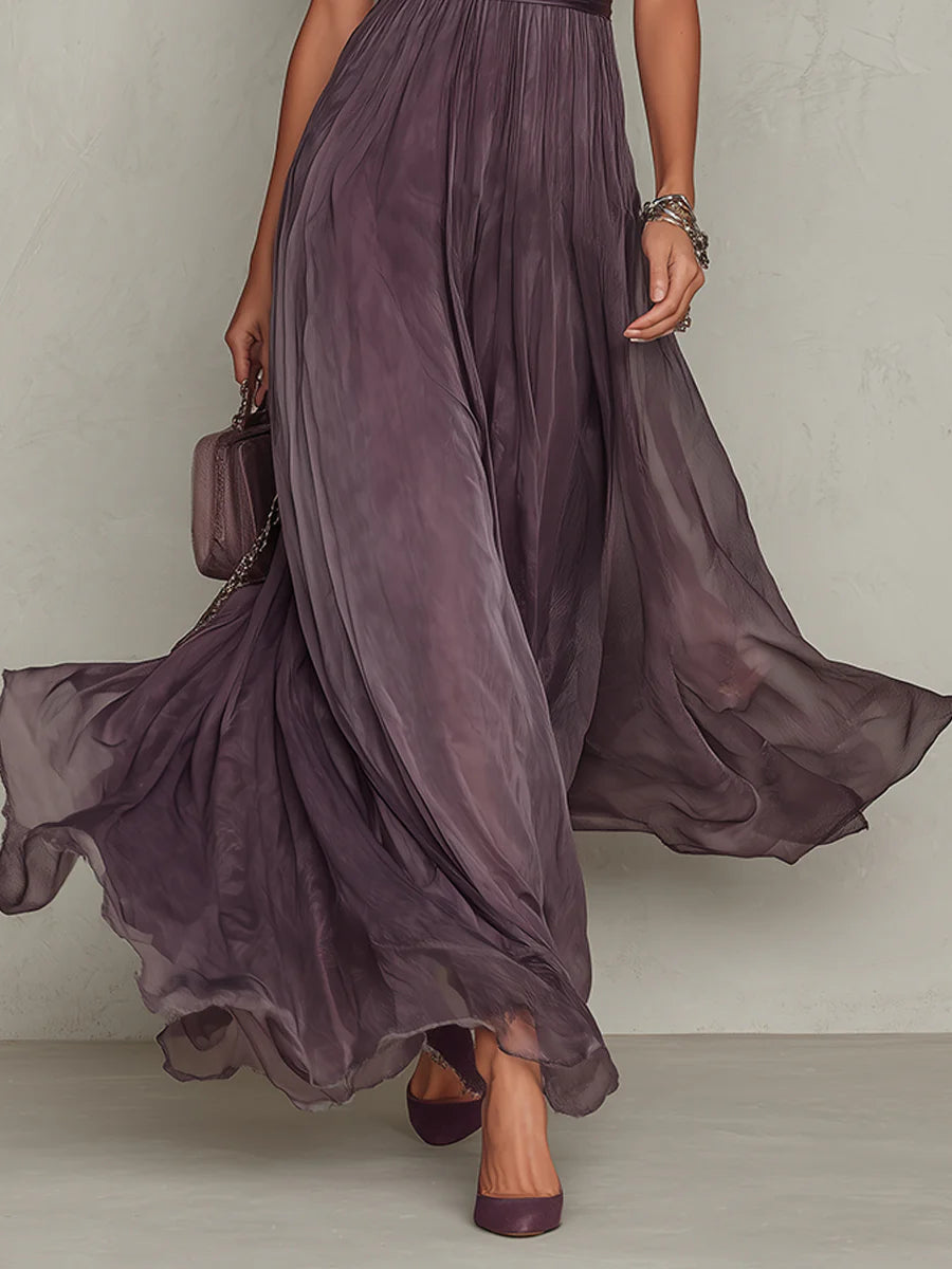 Robe Longue en Mousseline Violette, Col Cœur Ajouré, Bordée de Dentelle